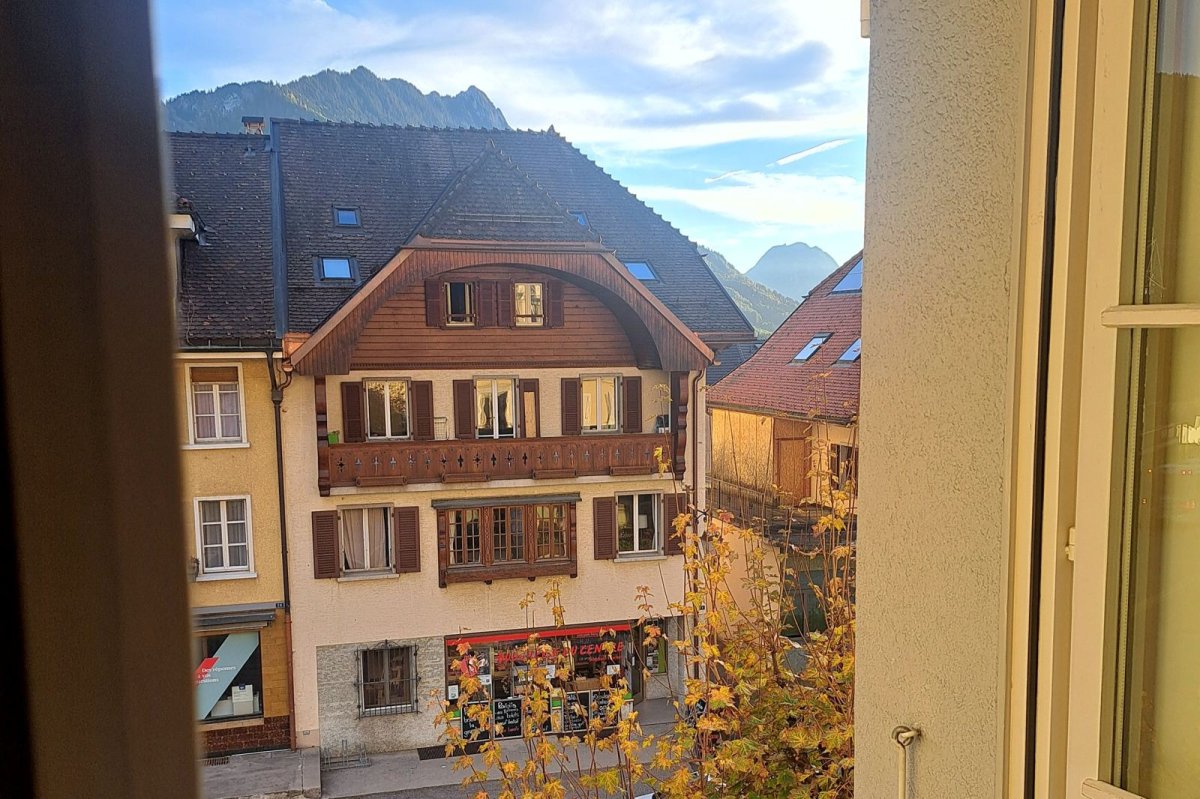 Vue depuis la fenêtre sur les chalets et les montagnes de Charmey